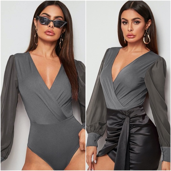 burgundy vneck overlap wide sleeve bodysuit - Picture 4 of 11